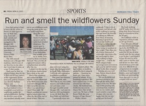 Scan of an article about the Wildflower Run in the Morgan Hill Times by writer Angela Young