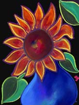 Scan of painting "Sunflower in Blue Vase" by artist Angela Young